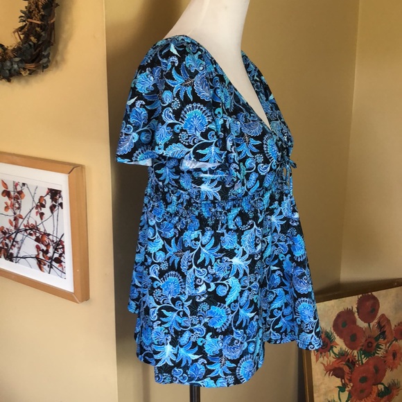 FIT FOR YOU size 16 Floral Scroll Fan V-Neck SMOCKED Ruched Empite Waist $78 NEW - Picture 4 of 15